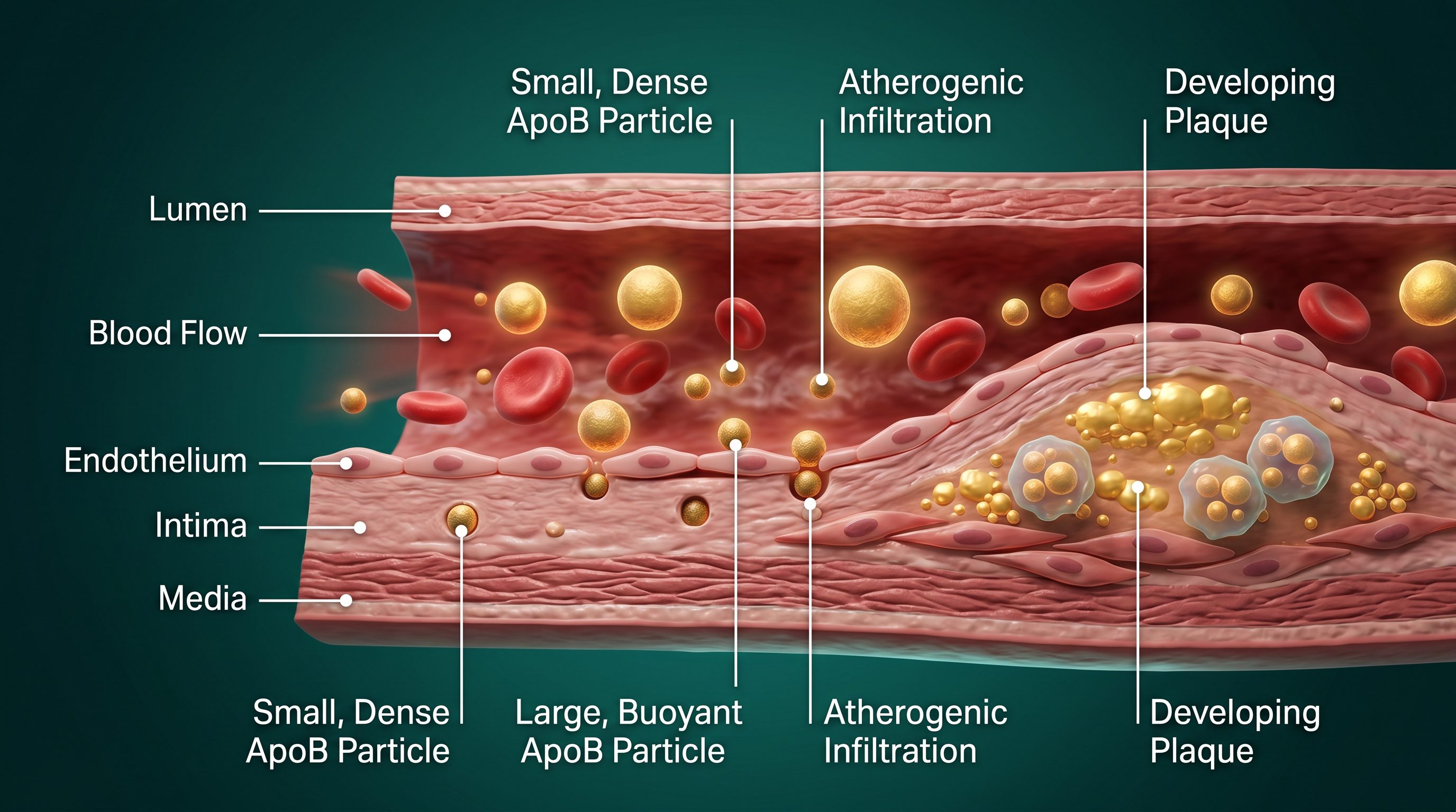 Medical illustration of ApoB lipoprotein particles and arterial plaque development