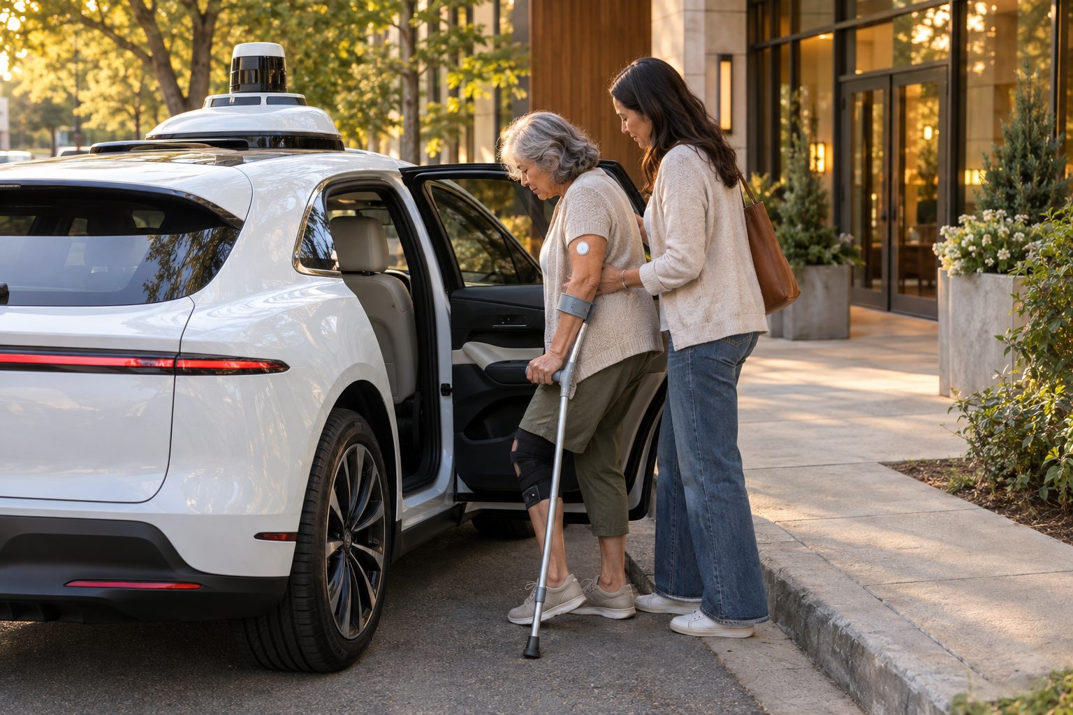 An older woman with a knee brace and forearm crutch is helped by her adult daughter into the rear seat of a white driverless robotaxi at the curb outside a modern clinic in golden afternoon light