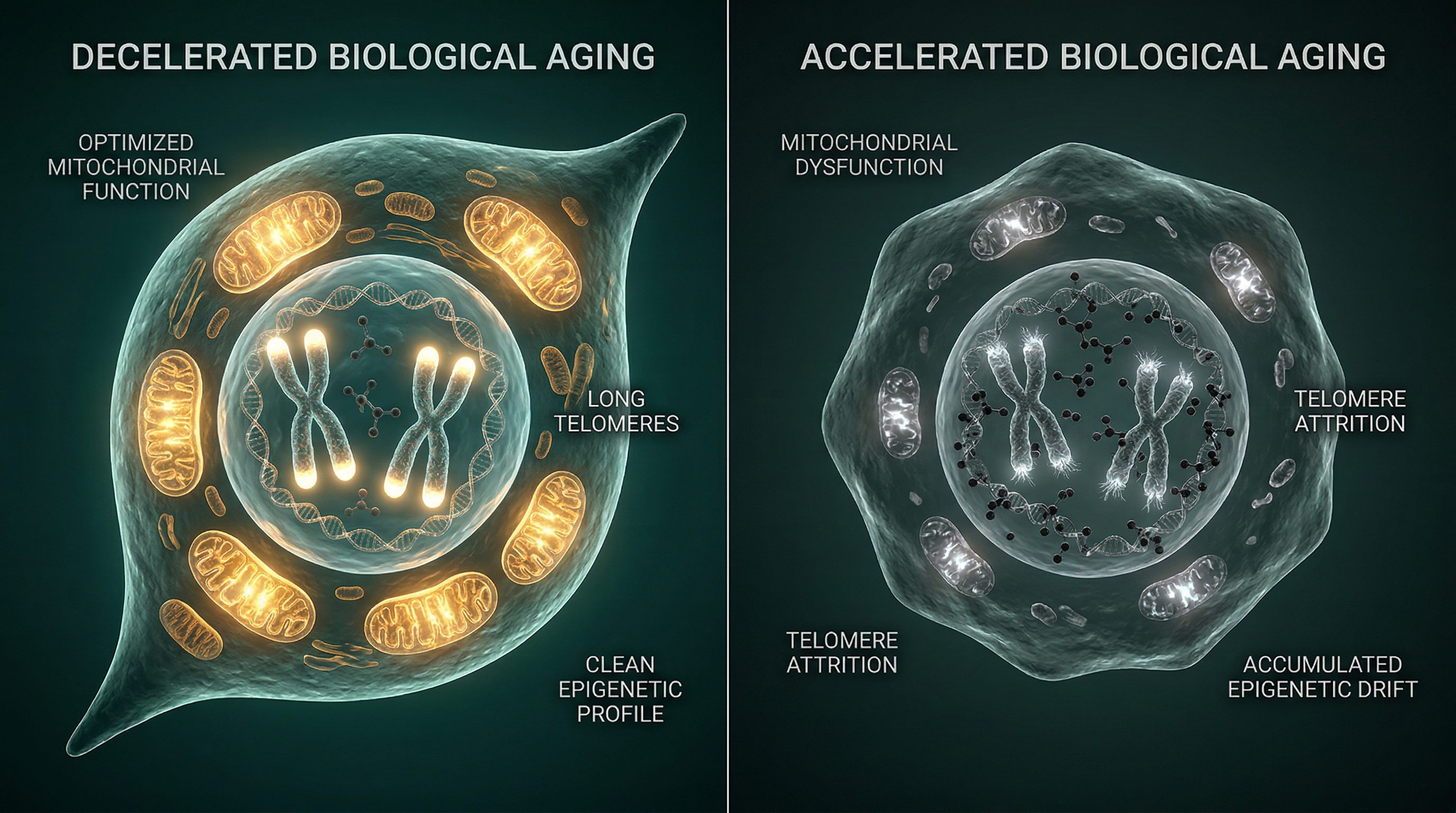 Cellular comparison of decelerated versus accelerated biological aging