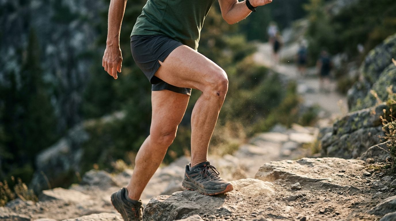 Close-up of a healthy bare knee mid-stride on a forested hiking trail — restored mobility after regenerative orthopedic care