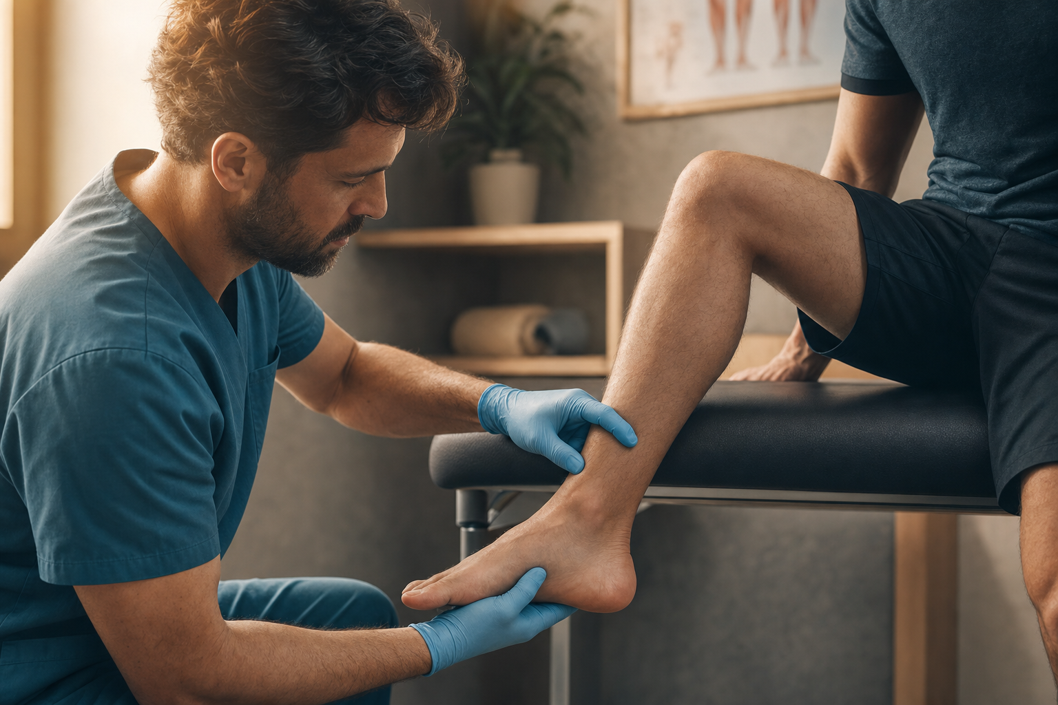 A clinician in scrubs and blue nitrile gloves examining a patient&rsquo;s Achilles tendon and heel on a padded exam table in a warm minimalist rehab clinic setting, soft directional window light, evoking clinical assessment of a soft-tissue injury