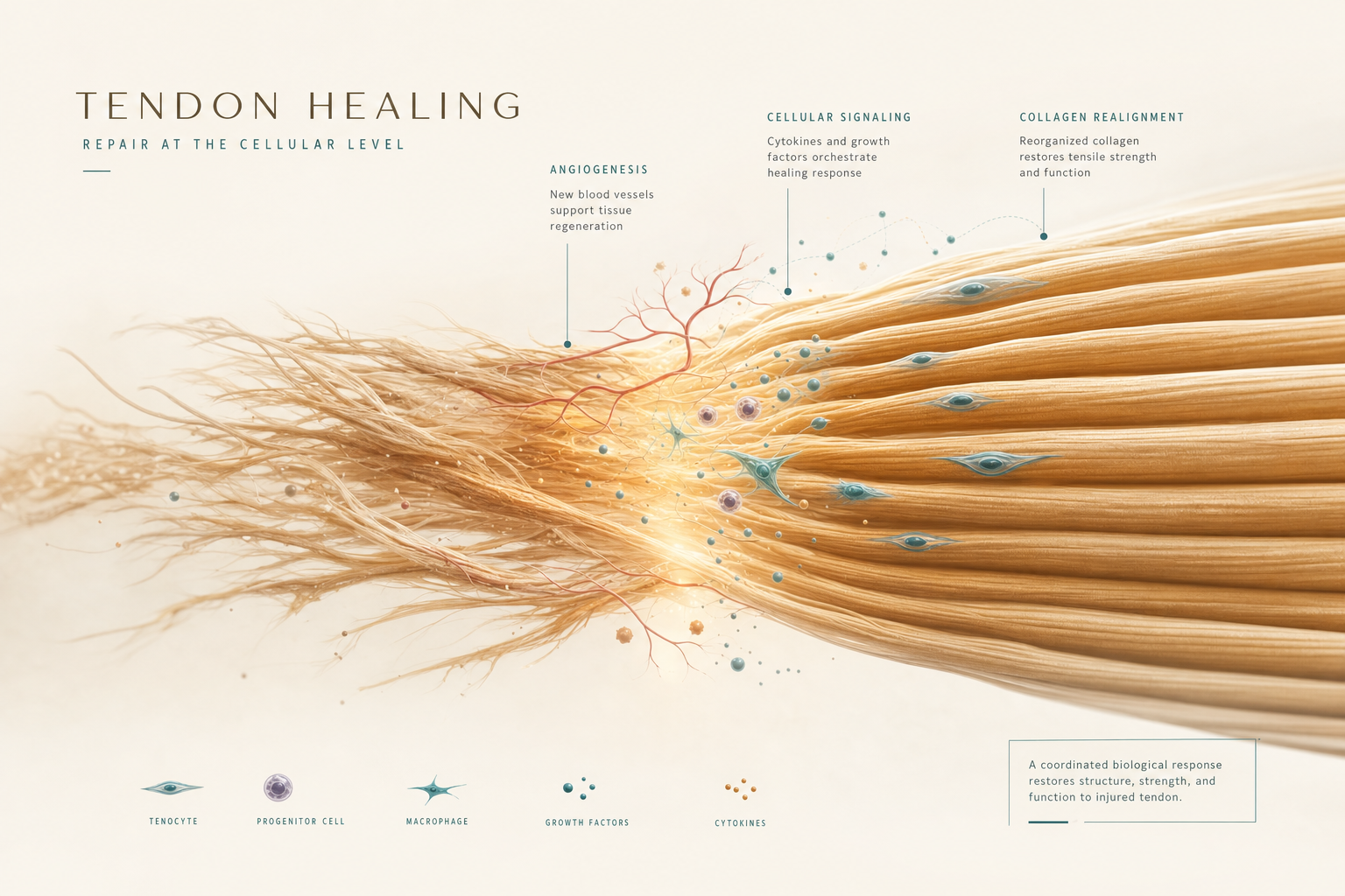 Editorial scientific illustration titled Tendon Healing showing collagen fibers transitioning from disorganized frayed strands on the left to reorganized parallel bundles on the right, with annotation labels for Angiogenesis, Cellular Signaling, and Collagen Realignment, plus a small legend of tenocytes, progenitor cells, macrophages, growth factors, and cytokines