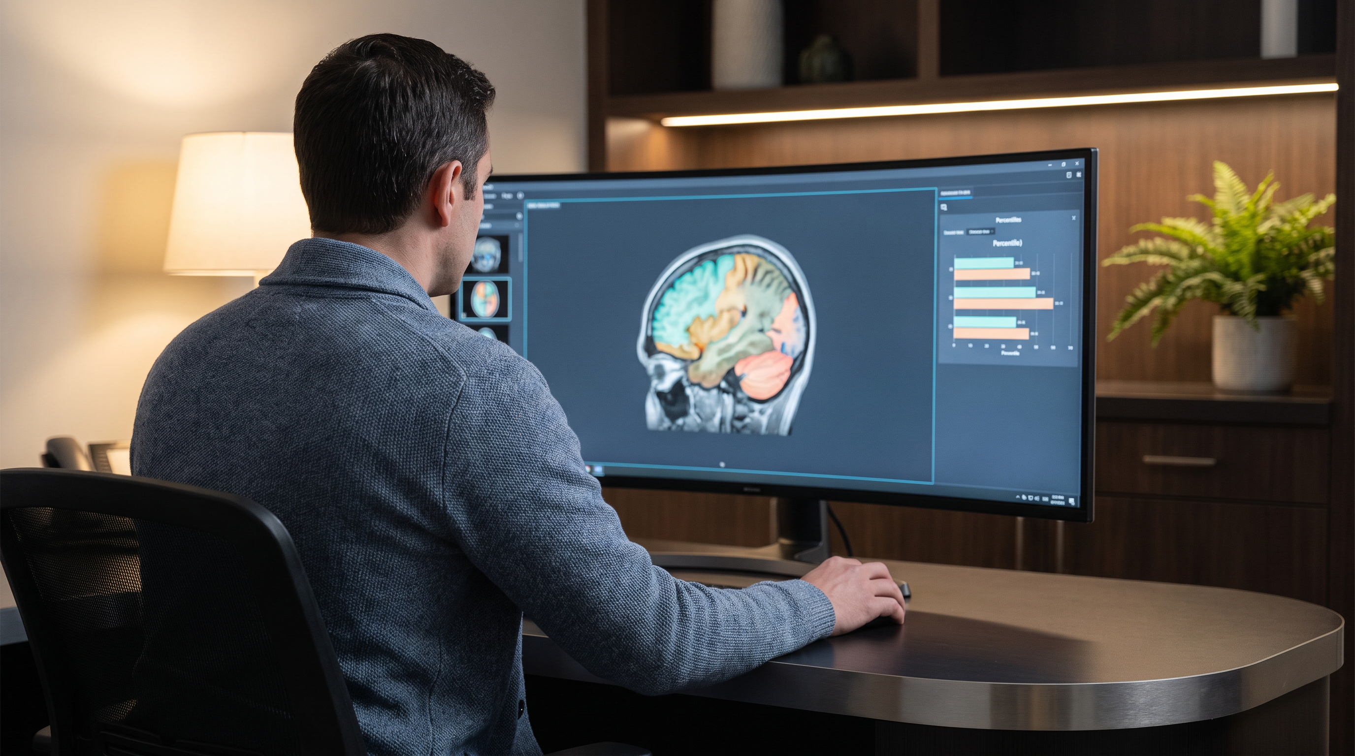Physician at a modern radiology workstation viewing a color-coded 3D brain MRI volumetric segmentation on a curved monitor, with percentile bar charts in a side panel, warm minimalist clinic office in soft focus behind