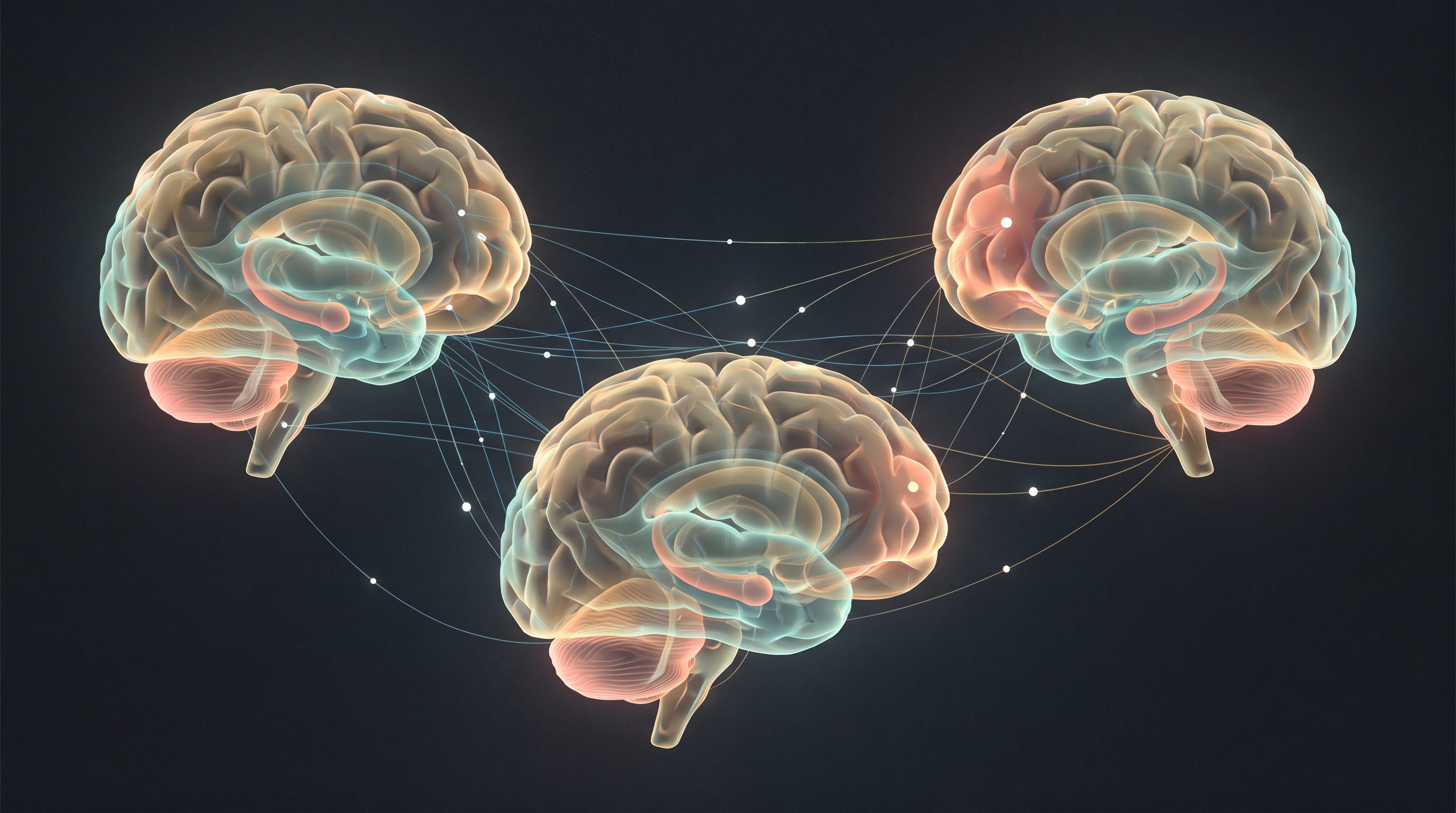 Three semi-transparent 3D human brain models on a dark background connected by fine data lines, evoking serial longitudinal biomarker analysis of brain volume across time