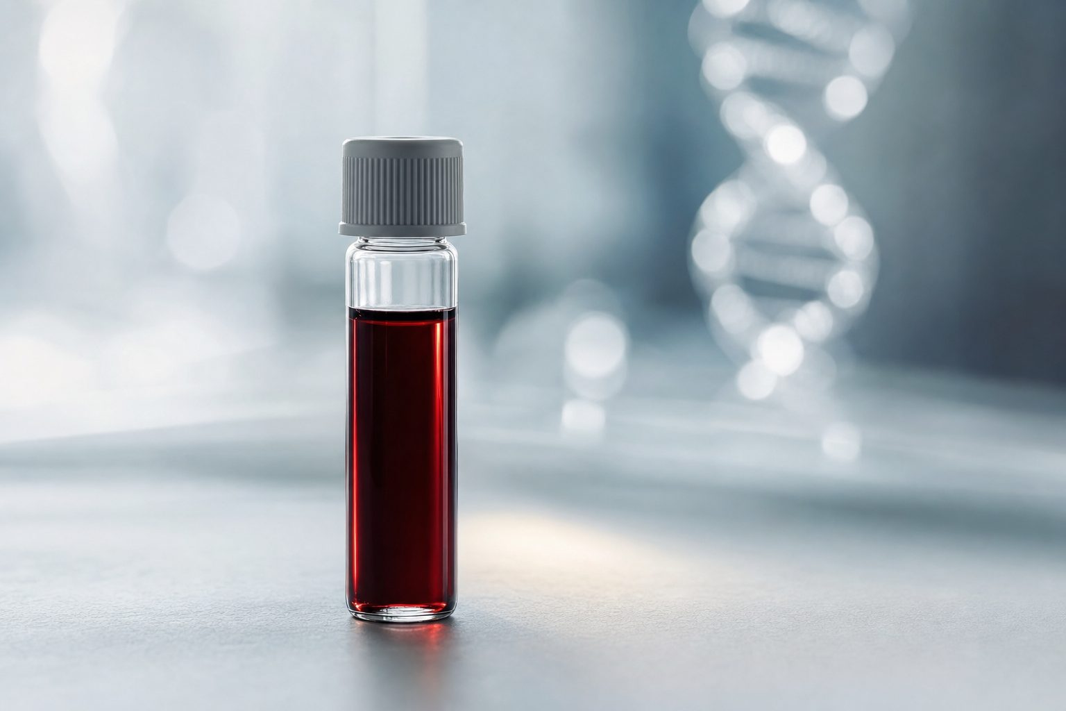 Glass blood collection vial on a clinical surface with a soft DNA helix bokeh — cell-free DNA cancer screening at Pravida Health