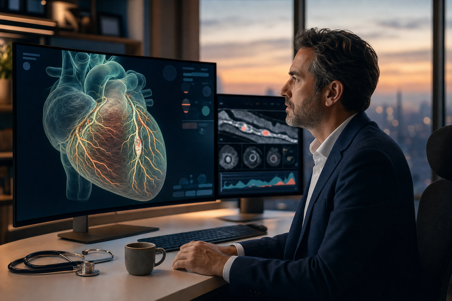A physician in a dark navy blazer reviews a three-dimensional rendered coronary CT angiogram on a large curved monitor in a warmly lit reading room, with cross-sectional coronary vessel views and quantitative plots on a second monitor beside him
