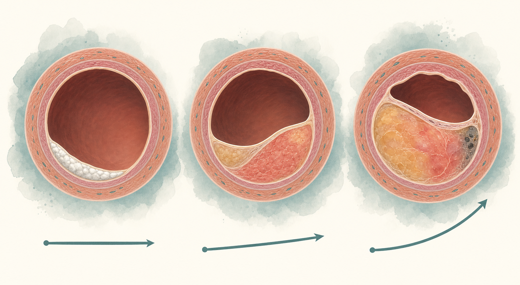 Three coronary artery cross-sections illustrating the spectrum of plaque phenotypes &mdash; a stable calcified lesion on the left with a flat risk trajectory, a mixed lesion in the middle with a gently rising risk trajectory, and a vulnerable low-attenuation non-calcified plaque with a thin fibrous cap on the right with a steeply rising risk trajectory