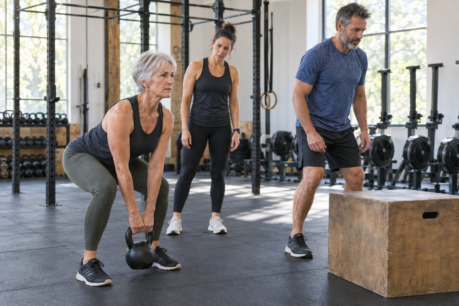 A woman in her early sixties with silver hair performs a kettlebell deadlift with a neutral spine in a bright CrossFit gym while a coach watches and a man in his fifties waits beside a plyometric box