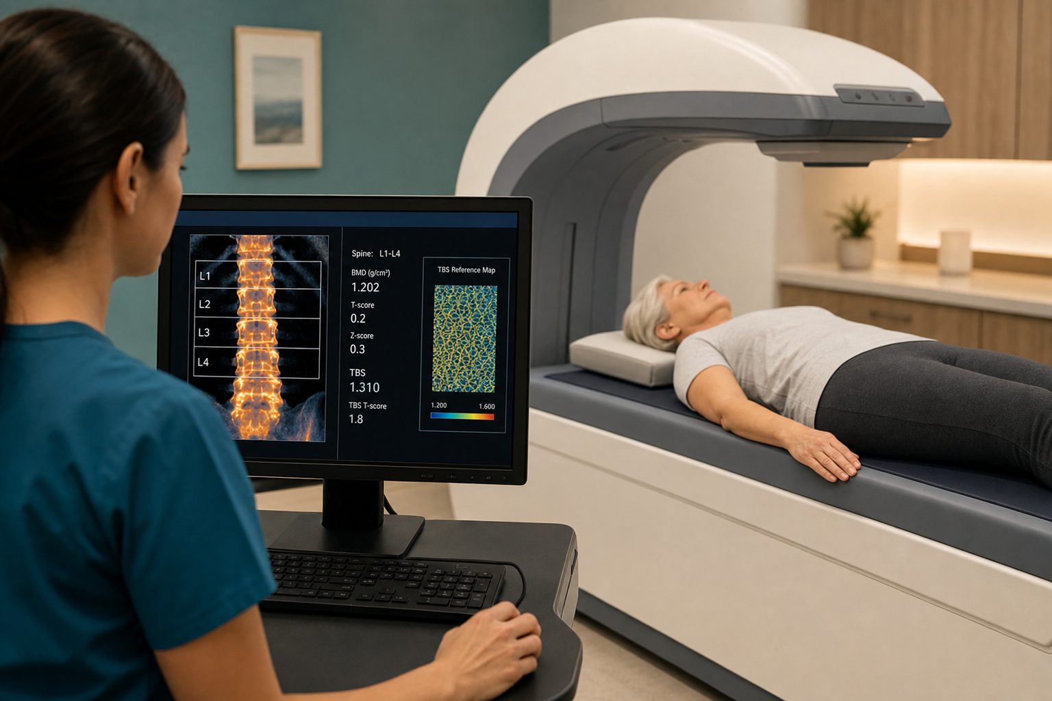 Clinician at a Pravida Health workstation reviewing a lumbar-spine DEXA scan with Trabecular Bone Score (TBS) microarchitecture map and L1–L4 region of interest analysis, with the patient lying on the DEXA scanner table in the background