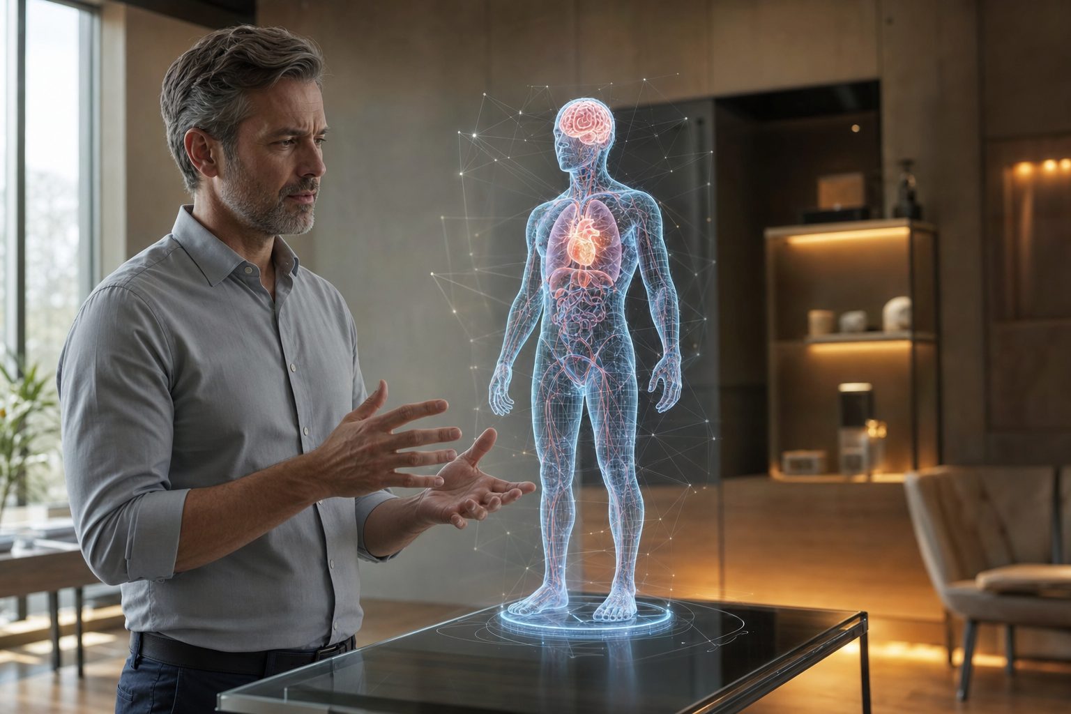 Clinician examining a translucent holographic digital twin of a human body — digital twin medicine at Pravida Health