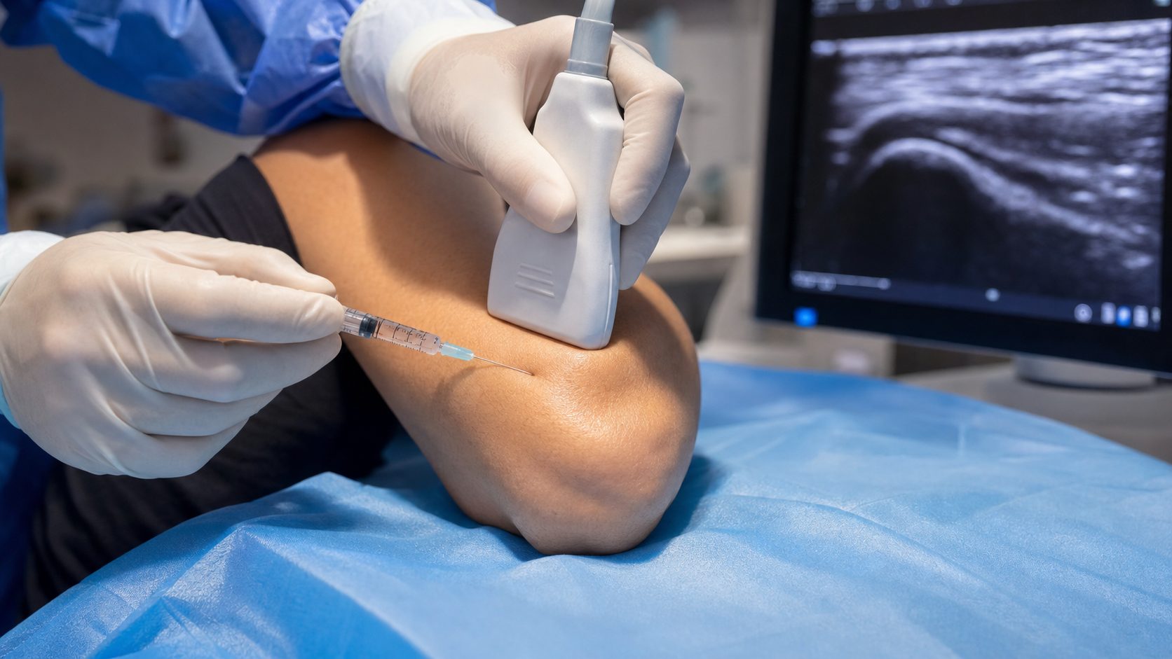 Physician performing an ultrasound-guided injection over the lateral epicondyle of a patient&rsquo;s elbow with the ultrasound monitor showing tendon fibers in the background
