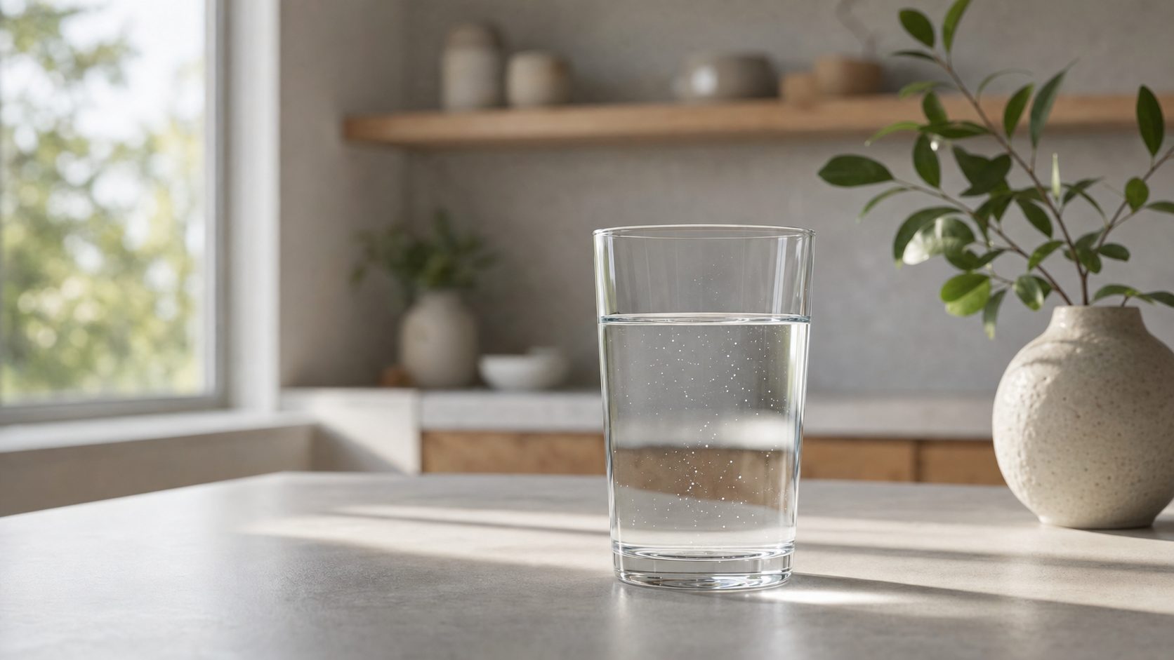 Clear glass of water with faintly suspended particles on a kitchen counter — environmental toxin testing at Pravida Health
