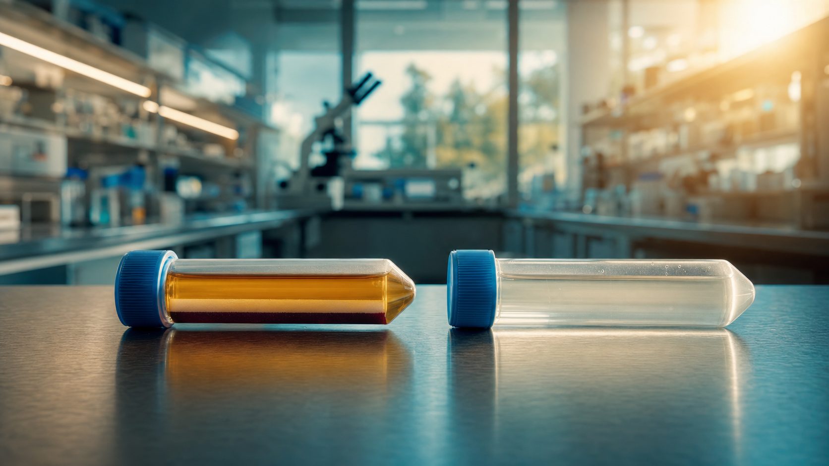 Two laboratory centrifuge tubes side by side on a stainless steel bench, one with golden platelet-rich plasma and a visible buffy coat, the other with a clear extracellular vesicle isolate