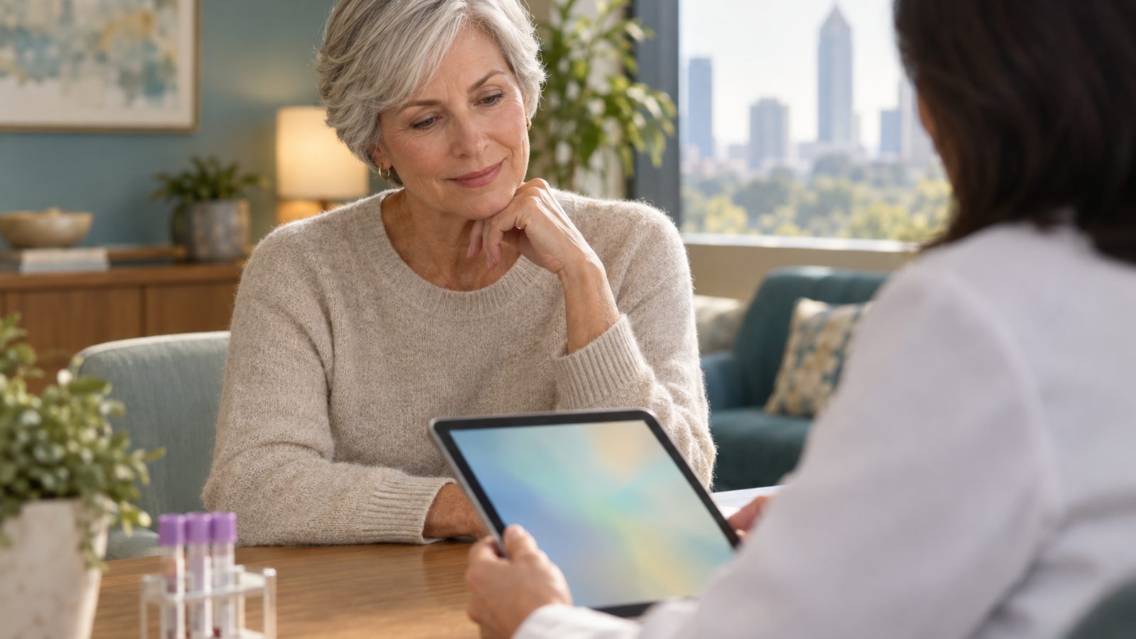 A silver-haired woman in her sixties reviews test results with a physician in a bright clinic office