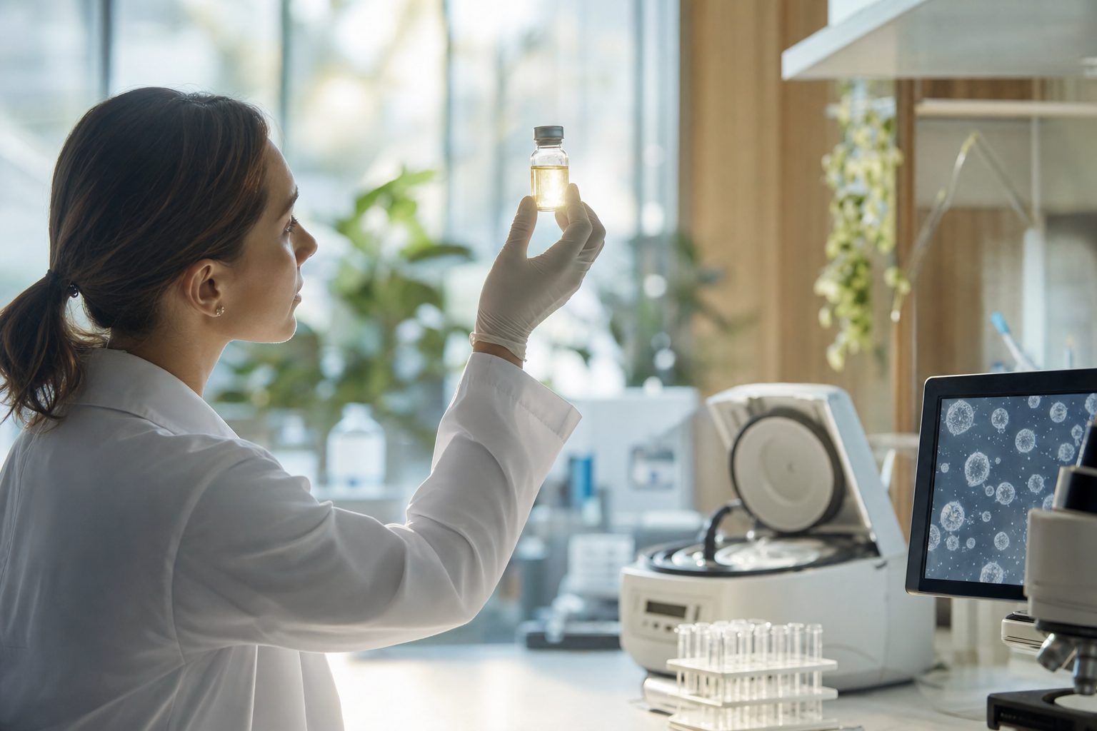 Researcher examining a small vial of biologic fluid in a modern laboratory — the science vs. marketing of exosome therapy