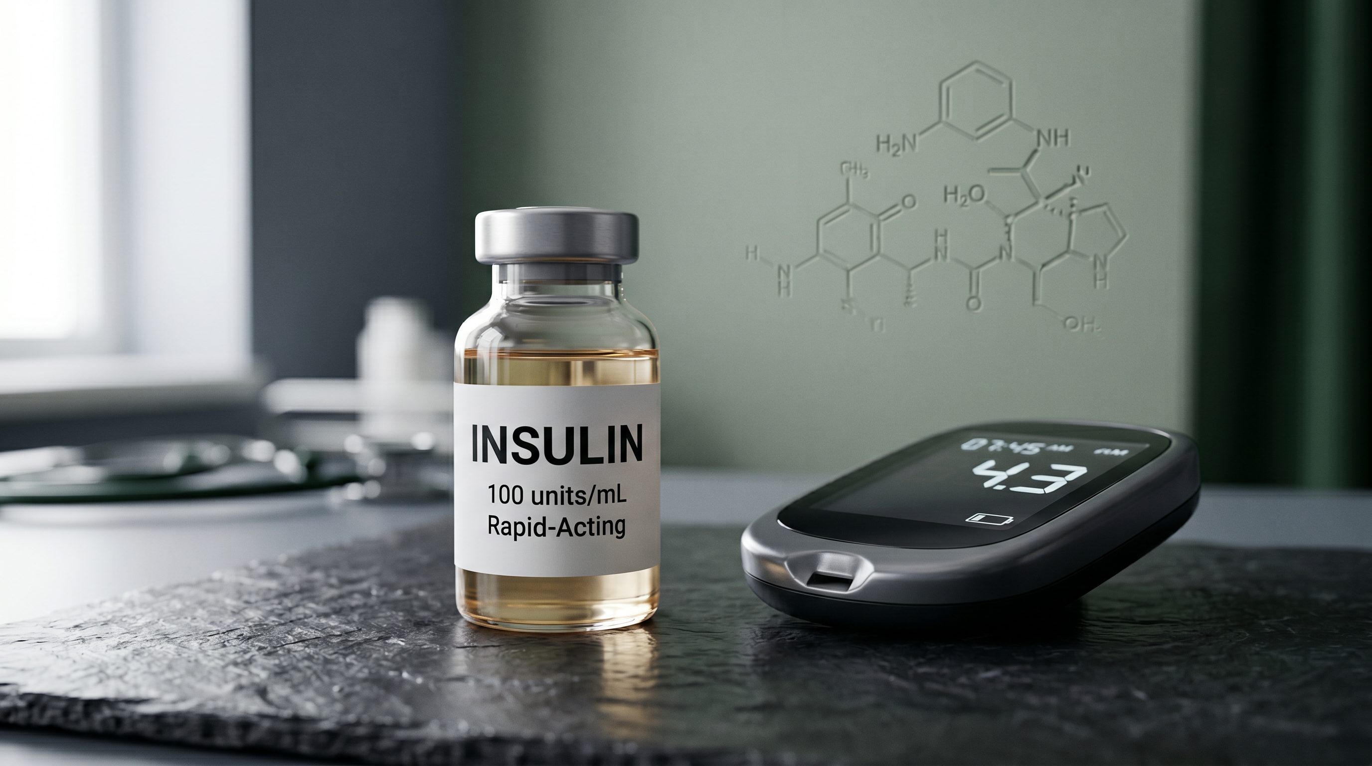 Laboratory vial of insulin beside a glucometer on a slate surface — fasting insulin metabolic testing