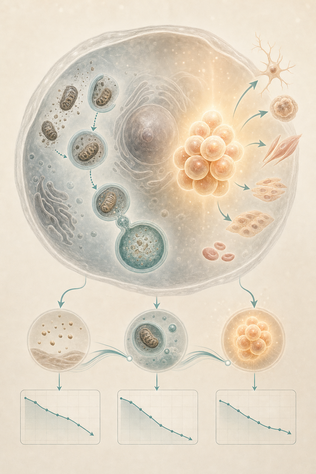 An editorial abstract scientific illustration showing cellular rejuvenation processes activated by the fasting mimicking diet &mdash; the left side of a large stylized cell shows dysfunctional mitochondria being encapsulated by autophagosomes and delivered to a lysosome for recycling, the right side shows a bright regenerating stem-cell cluster differentiating into multiple new cell types, and below three descending sparkline graphs illustrate biomarker improvements over time