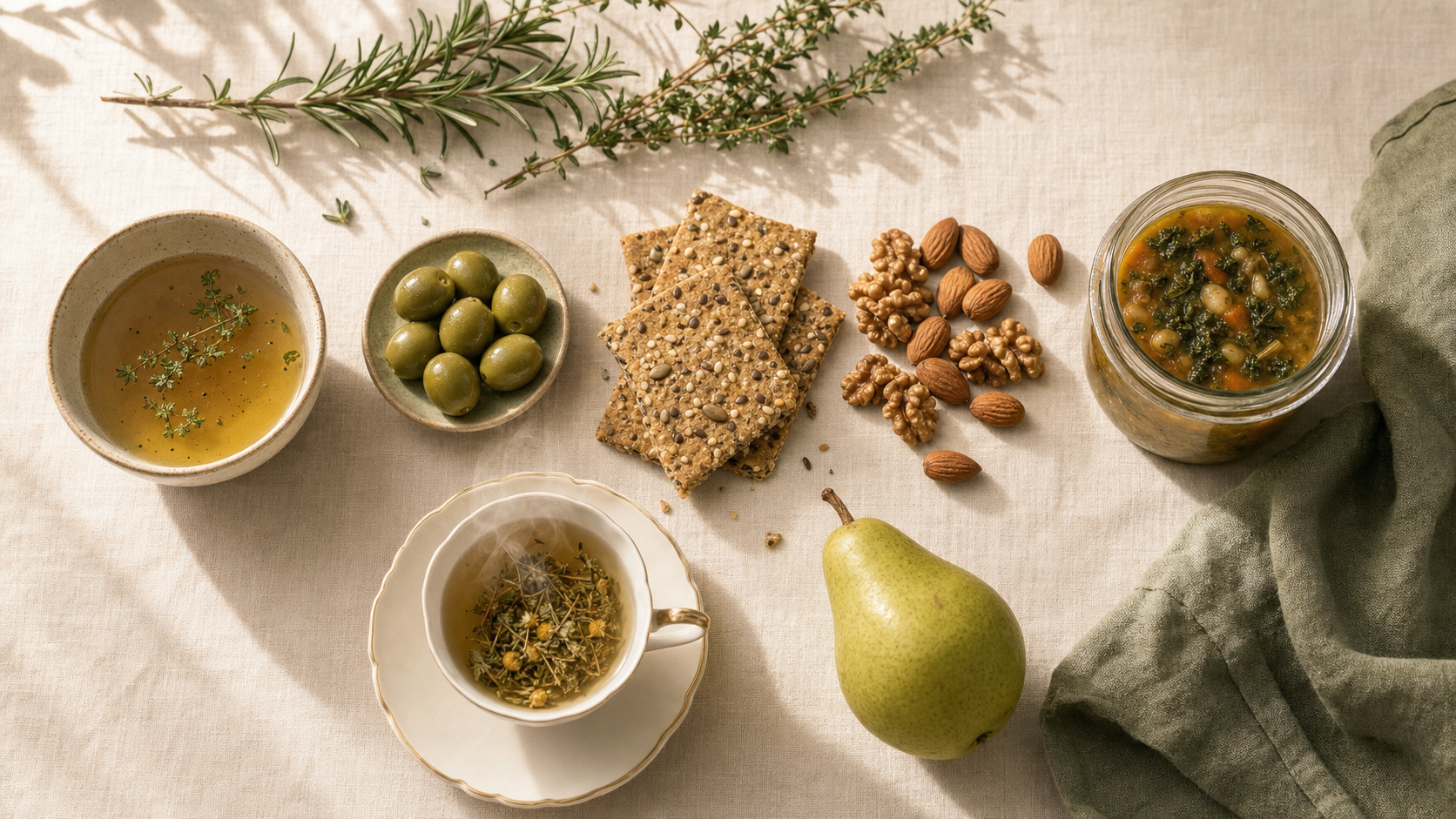 An editorial overhead flat-lay of a five-day fasting-mimicking meal spread on a warm cream linen tablecloth &mdash; vegetable broth, green olives, olive-oil-and-seed cracker, raw almonds and walnuts, a jar of kale-and-vegetable soup, herbal tea, a ripe green pear, and fresh rosemary and thyme sprigs