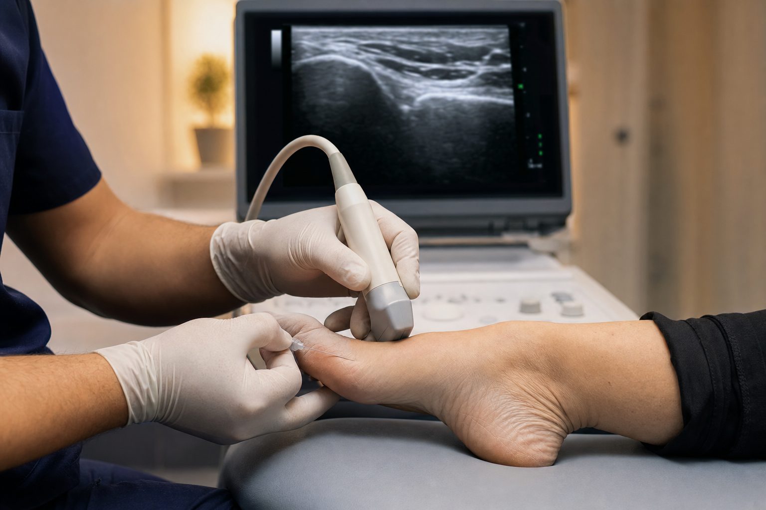 Physician performing an ultrasound-guided injection at the medial heel and plantar fascia origin of a patient&rsquo;s foot, with the ultrasound monitor in the background showing greyscale plantar fascia anatomy