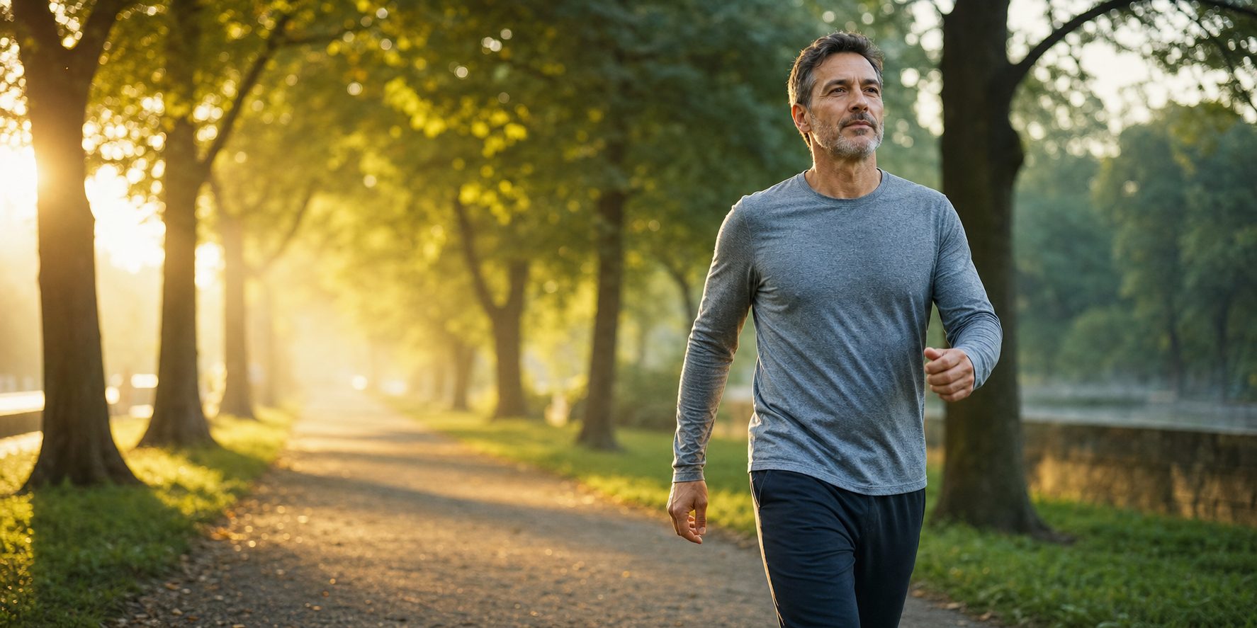 Fit middle-aged adult walking briskly on a tree-lined path at golden hour — GLP-1 medications and longevity at Pravida Health