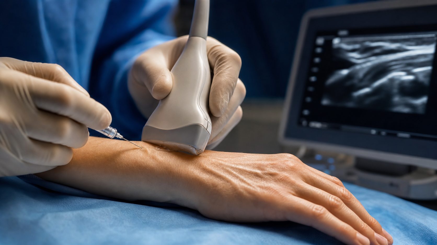 Physician performing an ultrasound-guided injection at the radial wrist (first dorsal compartment / thumb CMC area) of a patient&rsquo;s hand with the ultrasound monitor showing greyscale tendon anatomy in the background
