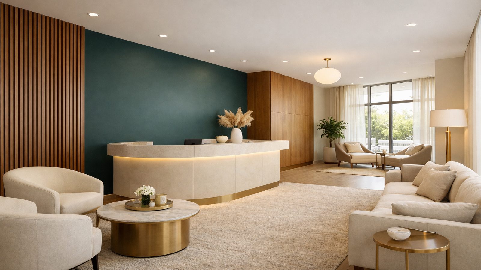 Pravida Health reception area in Buckhead Atlanta with branded teal wall and elegant waiting room