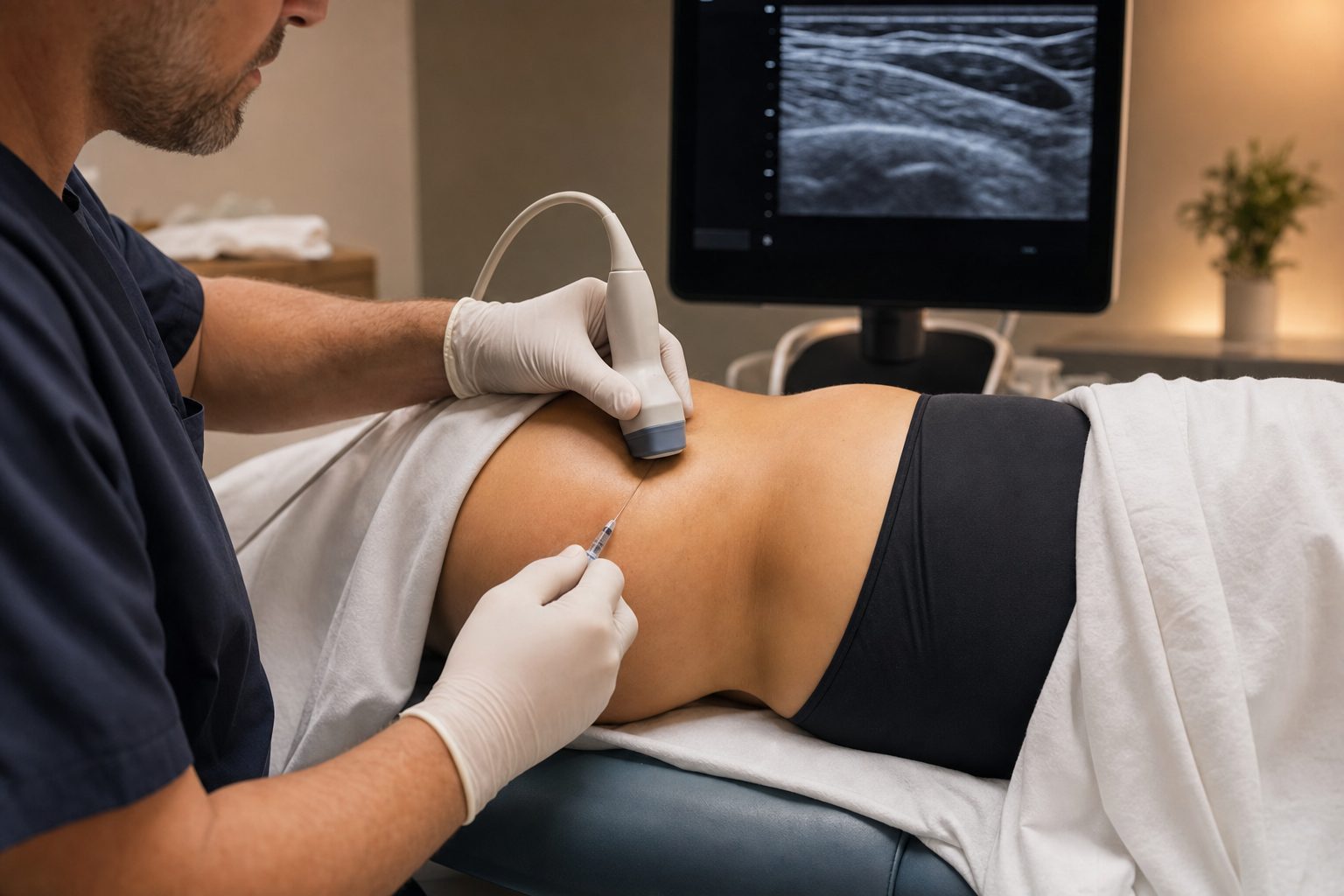 Physician performing an ultrasound-guided injection at the lateral hip (greater trochanter / gluteal tendon insertion region) of a patient lying on their side, with the ultrasound monitor in the background showing greyscale gluteal tendon fibers