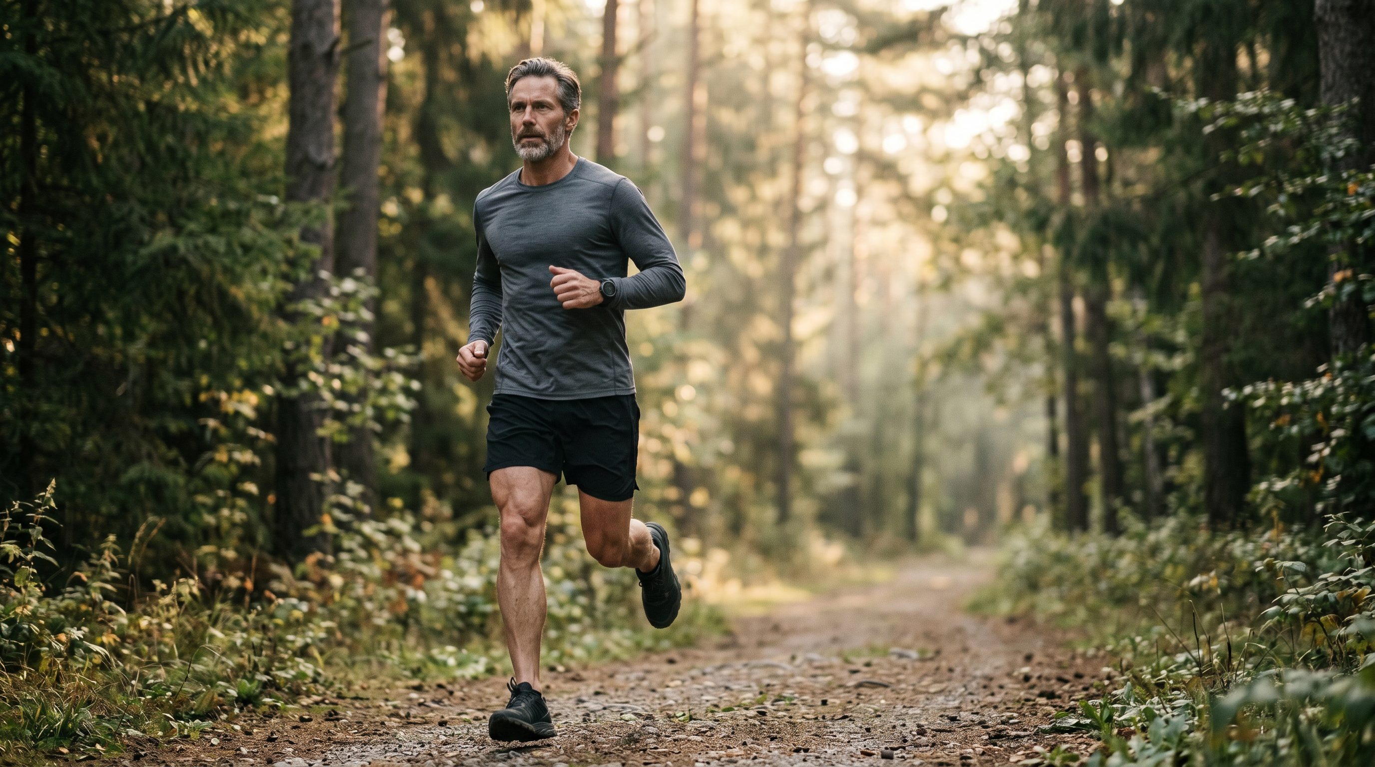 A fit man in his late 40s running on a forested trail at sunrise — symbolizing optimized male hormonal health and longevity