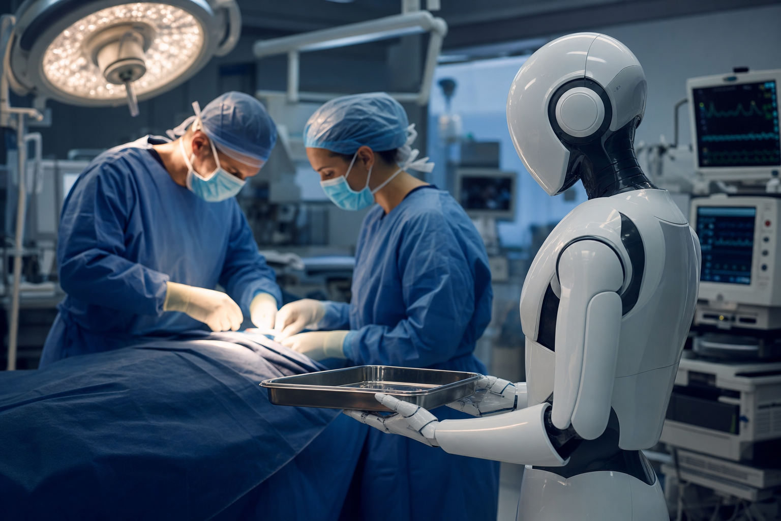 A modern operating room in which two clinicians in blue surgical scrubs work over a draped patient under overhead surgical lights while a sleek white humanoid robot stands quietly at the periphery of the sterile field holding a stainless steel surgical instrument tray with both hands