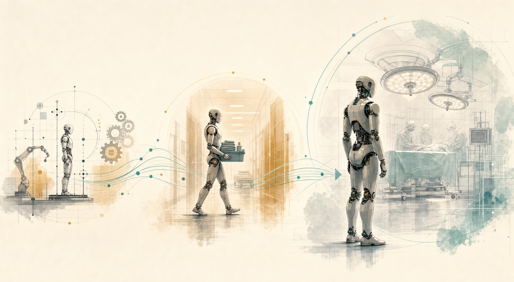 Editorial abstract illustration showing three progressive scenes from left to right: a humanoid robot in a laboratory-testing environment with gears and calibration markers, a humanoid robot walking through a hospital corridor carrying supplies, and a humanoid robot standing at the periphery of an operating room while human surgeons work around a draped patient beneath surgical lights &mdash; visualizing the staged pre-clinical to Stage 1 to Stage 2 pathway proposed in the paper