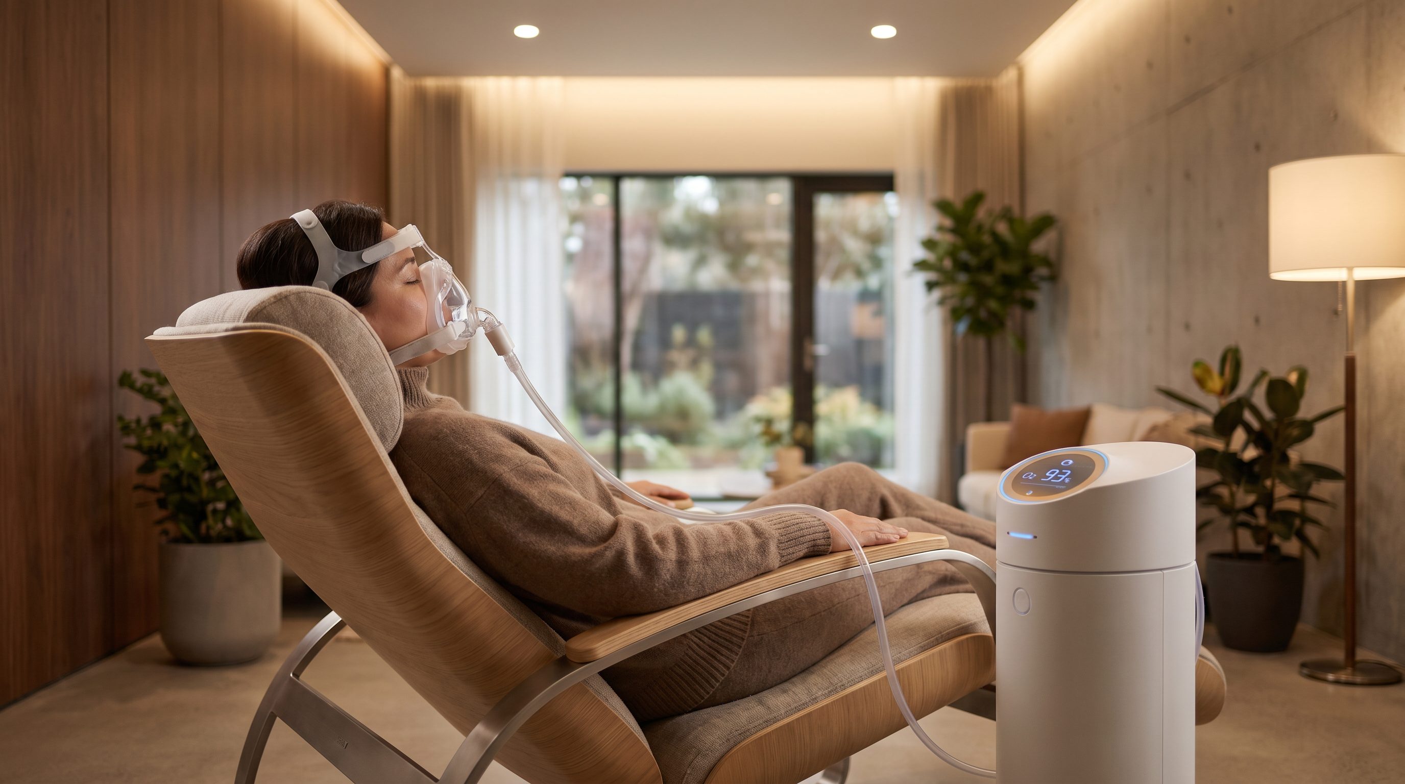 Middle-aged patient reclining comfortably in a modern wood-and-fabric chair in a warm minimalist longevity clinic, wearing a lightweight silicone breathing mask connected by clear tubing to a sleek white intermittent hypoxia therapy device with a soft glowing oxygen concentration display