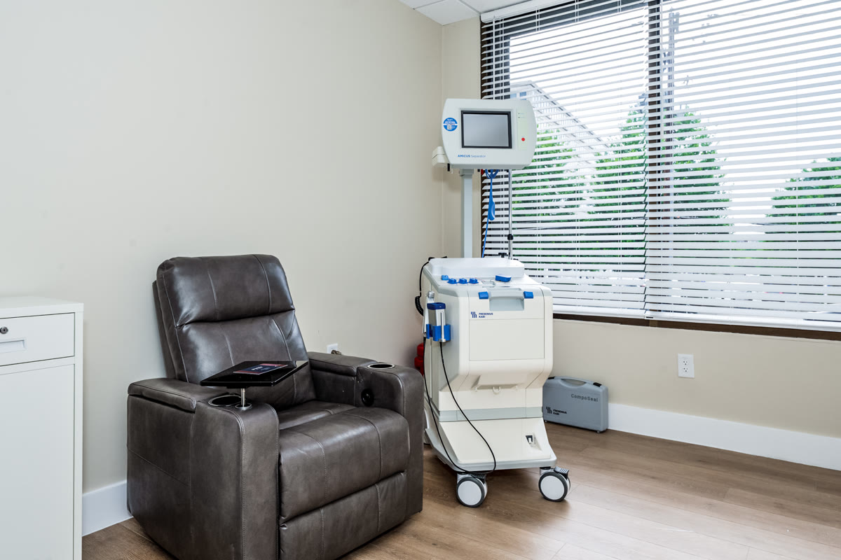 Therapeutic plasma exchange treatment room with Fresenius Kabi apheresis machine at Pravida Health