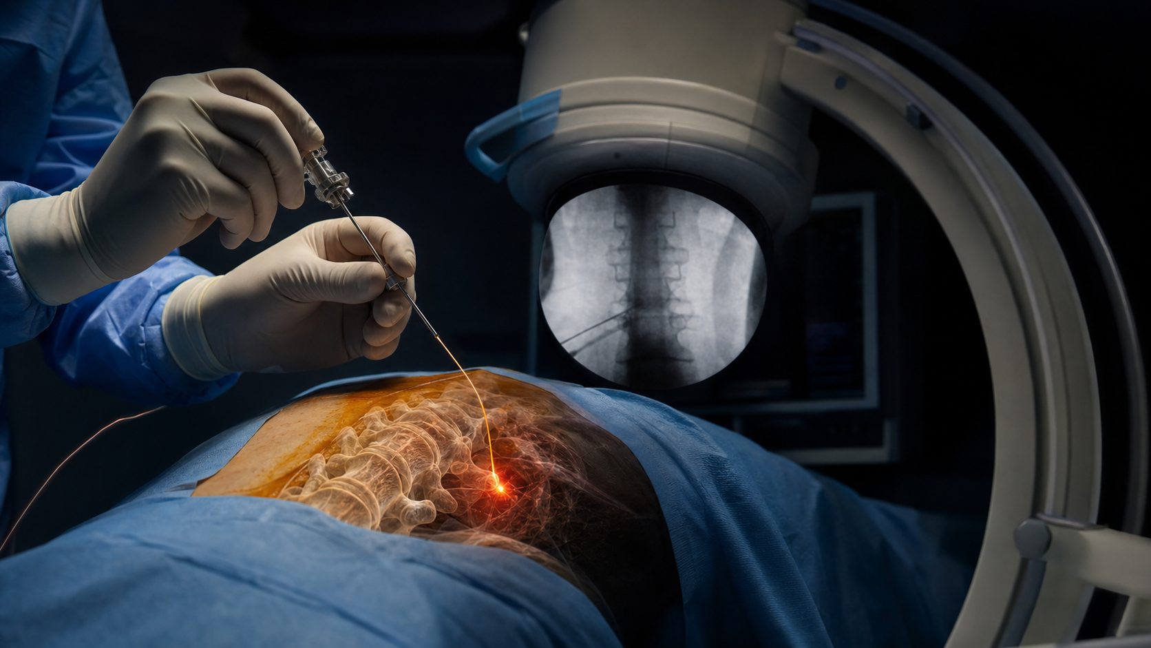 Fluoroscopy-guided intradiscal procedure showing a fiber-optic laser threaded through a spinal needle into the lumbar disc, with a C-arm imaging arch in the procedure room