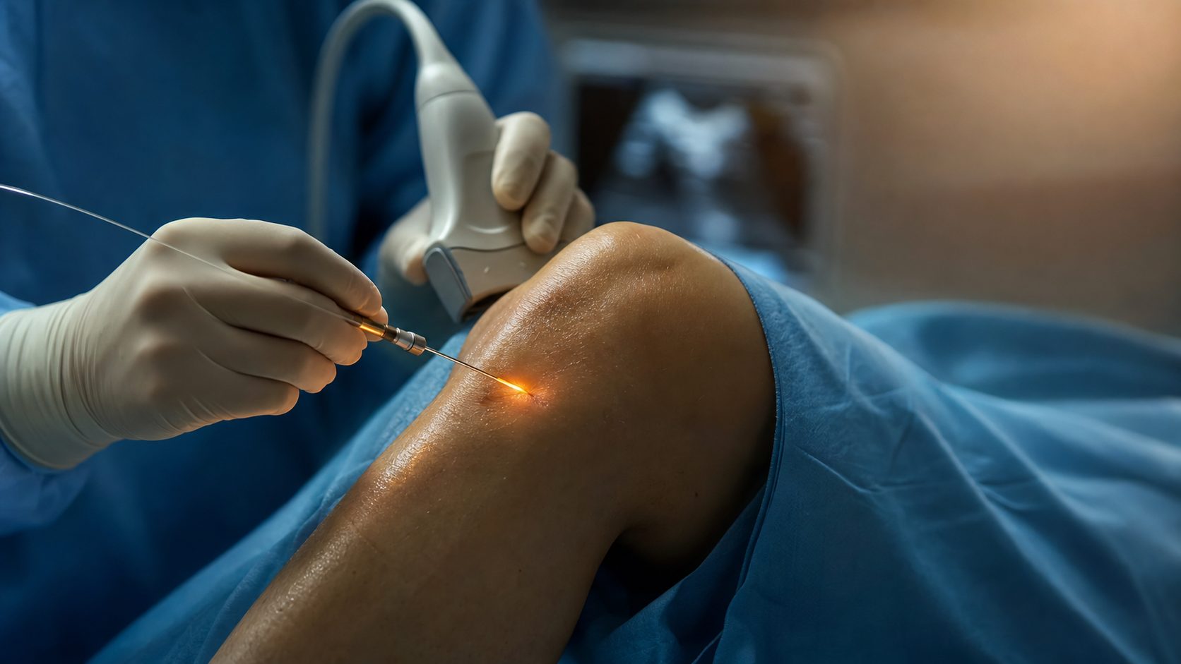 Physician&rsquo;s gloved hand using a 1550 nm fiber-optic laser threaded through an 18-gauge cannula under ultrasound guidance to treat a patient&rsquo;s knee in a sterile outpatient procedure room