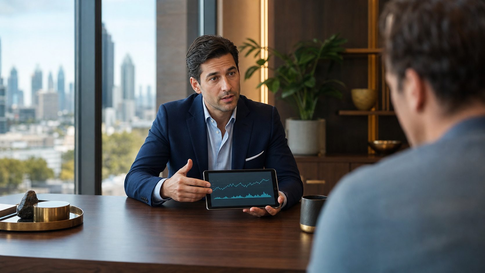 Board-certified physician reviewing biomarker data with a patient in a modern longevity medicine consultation suite