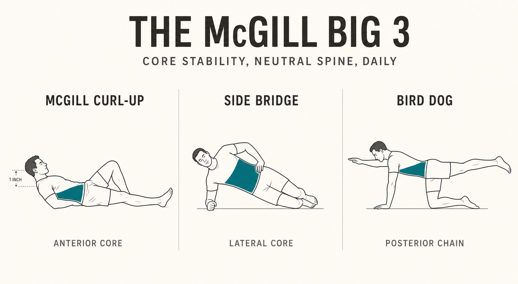 Editorial infographic showing three side-by-side line-drawing panels of the McGill Big 3 exercises: the McGill Curl-Up (patient supine, one knee bent, hands under the lower back, head lifted one inch) labeled anterior core; the Side Bridge (patient in a beginner side plank on the forearm with knees stacked and bent) labeled lateral core; and the Bird Dog (patient on hands and knees with opposite arm and leg extended level to a rigid neutral spine) labeled posterior chain
