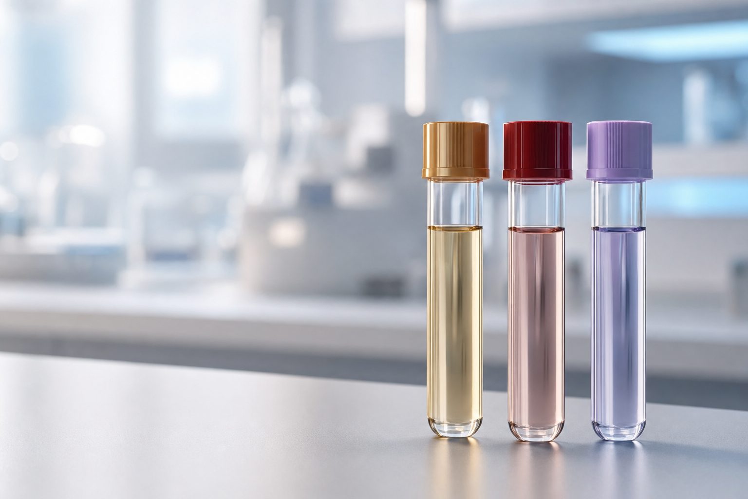 Three unlabeled glass sample tubes on a research lab benchtop — metabolomics and proteomics testing at Pravida Health