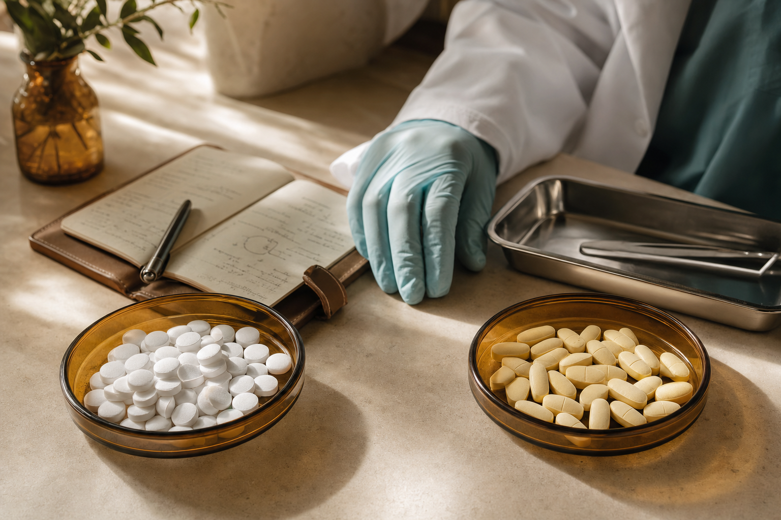 Editorial still-life photograph of two amber glass dishes on a warm neutral surface, one holding white metformin tablets and the other holding pale yellow sirolimus rapamycin tablets, with a physician gloved hand near an open clinical notebook and stainless steel medication tray, soft directional window light, warm minimalist clinical office aesthetic