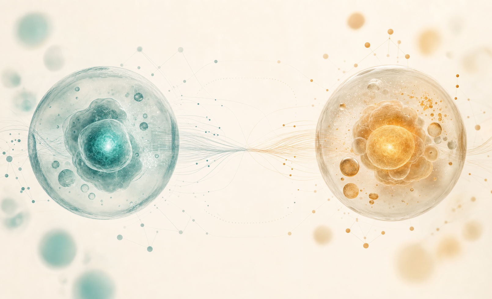 Abstract editorial scientific illustration of two large semi-transparent glass spheres side by side on a warm off-white background, the left glowing soft teal to suggest cellular energy sensing, the right glowing warm amber to suggest nutrient signaling, connected by fine data lines and small annotation dots, evoking two parallel biological pathways being compared