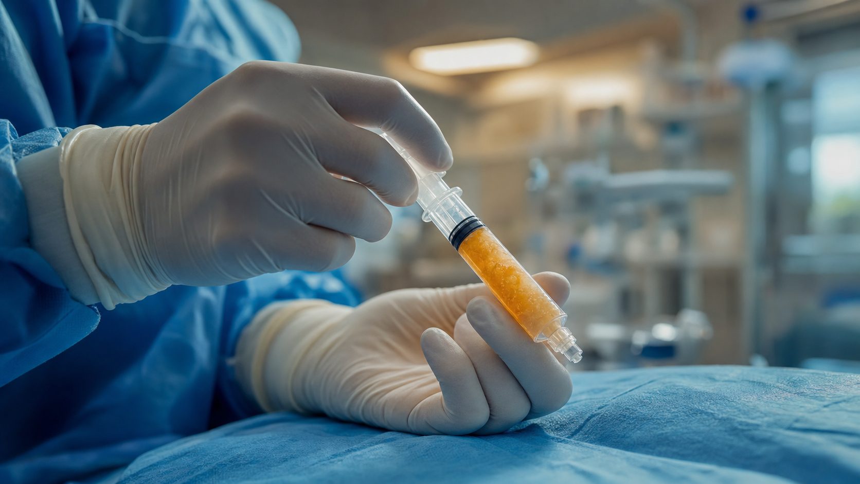 Physician holding a small syringe of golden micro-fragmented adipose tissue (MFAT) in a sterile procedure room