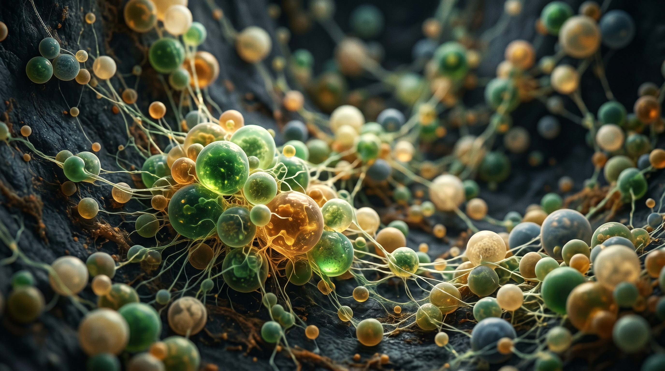 Stylized scientific visualization of a diverse gut microbiome ecosystem — luminous bacterial spheres connected by mycelium-like networks