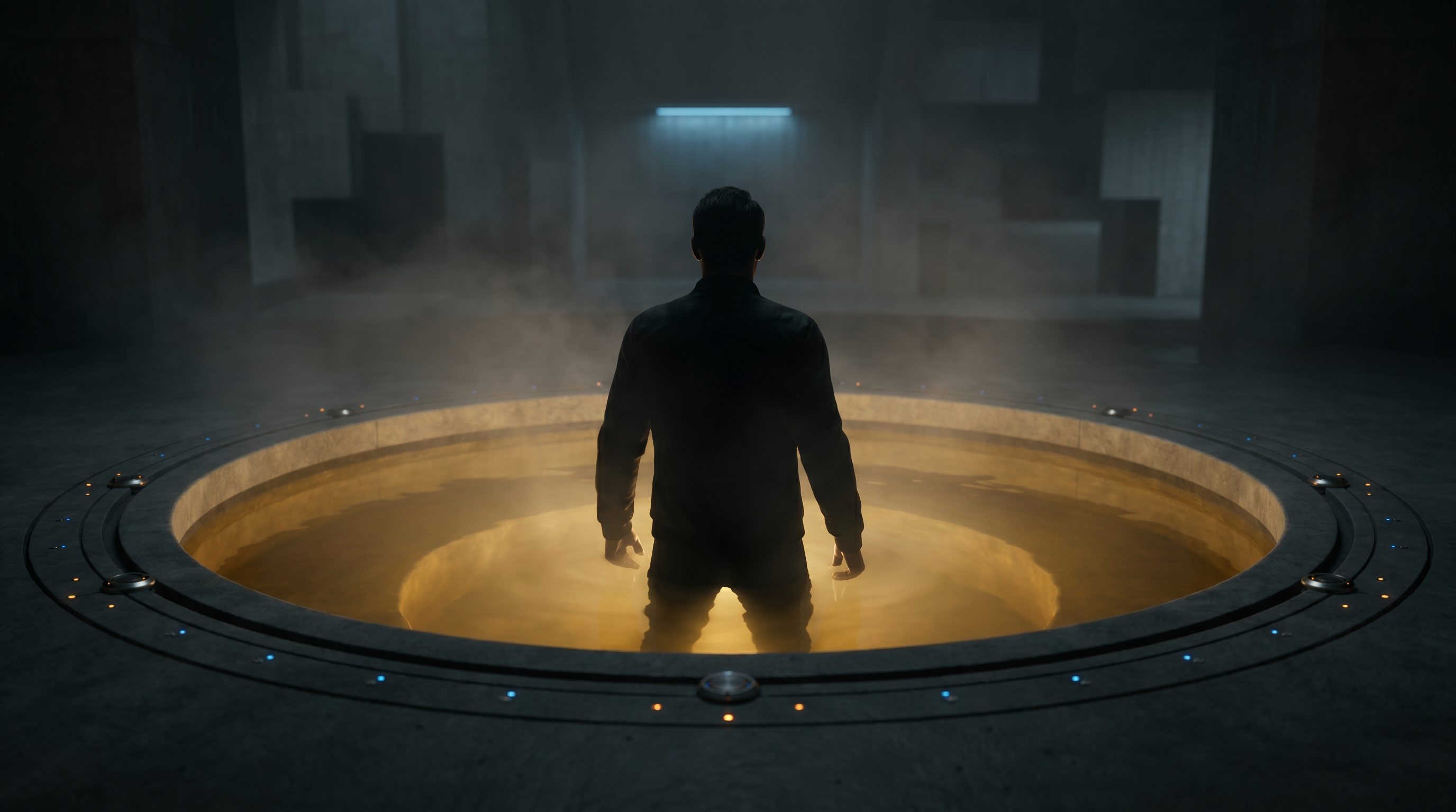 Silhouetted figure standing at the edge of a shallow circular pool of warm golden light in a dark futuristic clinical space, with a concentric ring of tiny ultrasonic transducer sensors visible around the rim of the pool suggesting a full-body ultrasound tomography scanner