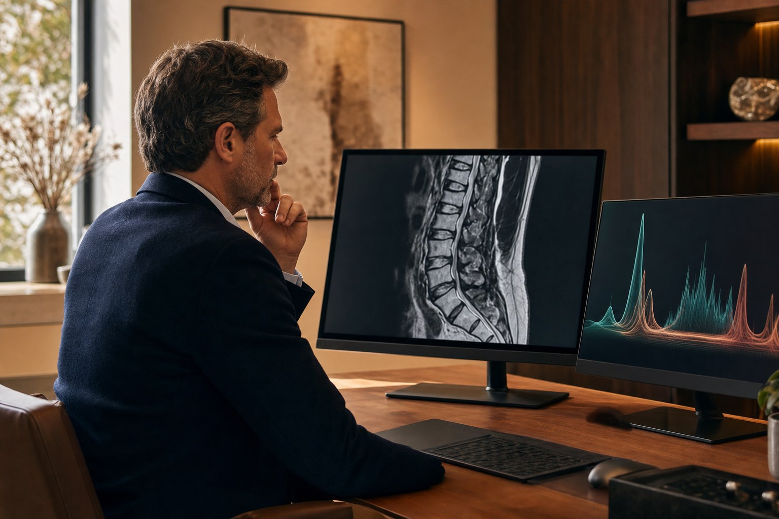 A physician reviews a sagittal lumbar spine MRI alongside a spectral waveform readout on a display in a warm, minimalist clinic reading room
