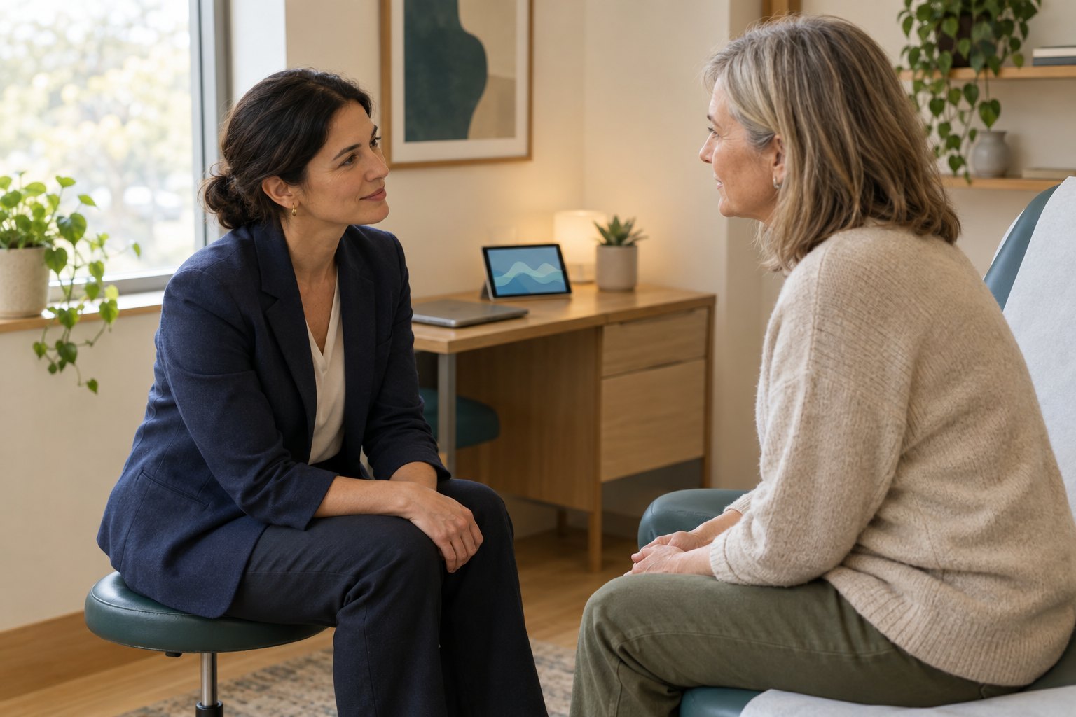 A physician sits on a low stool at eye level with a patient in a warm, sunlit clinic room, leaning in attentively, with a laptop closed on the desk behind them