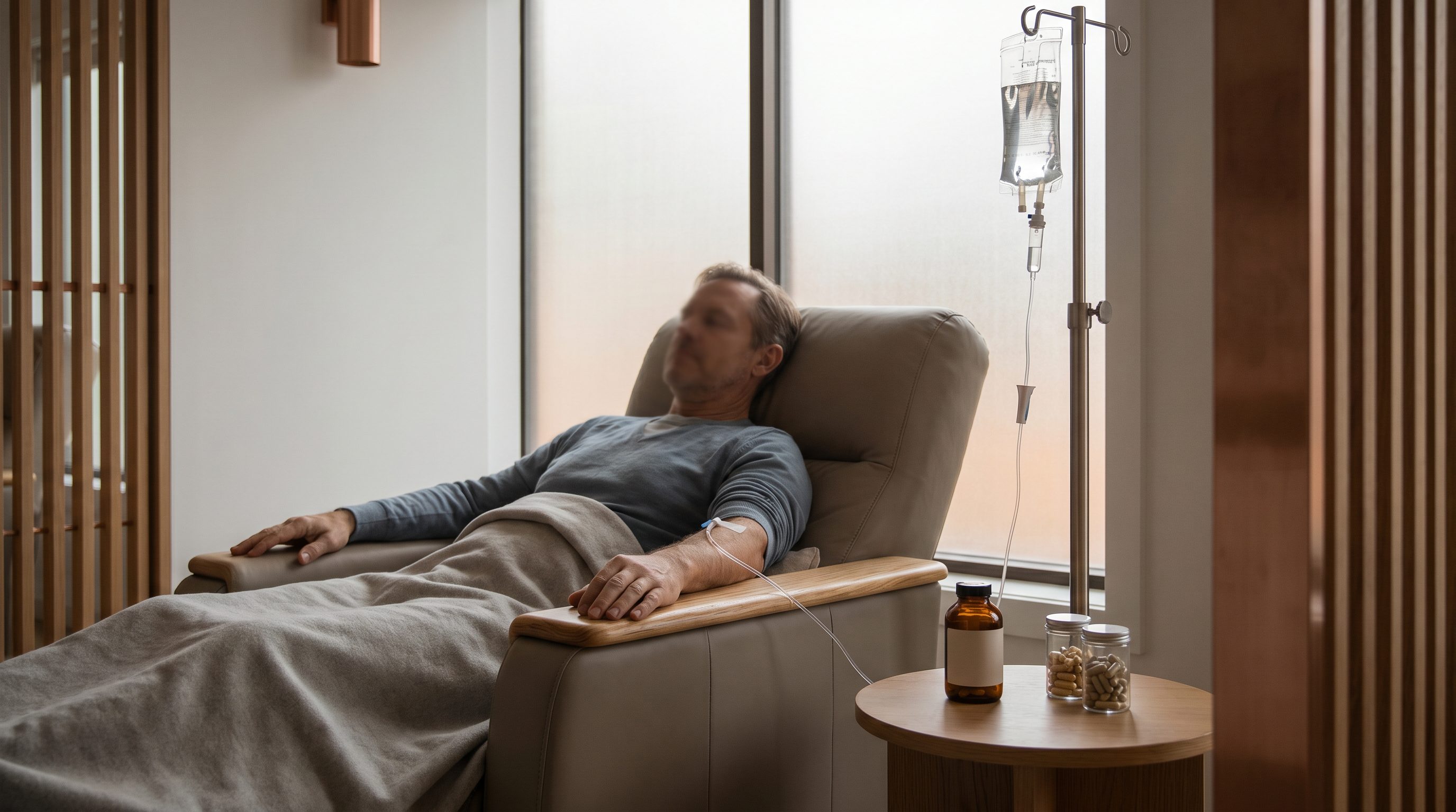 Middle-aged male patient reclining in a warm minimalist longevity clinic infusion suite, receiving an intravenous NAD+ infusion from a hanging IV bag, with a small side table beside the recliner holding an amber prescription bottle and glass jars of oral NAD+ precursor capsules, visually posing the intravenous versus oral question