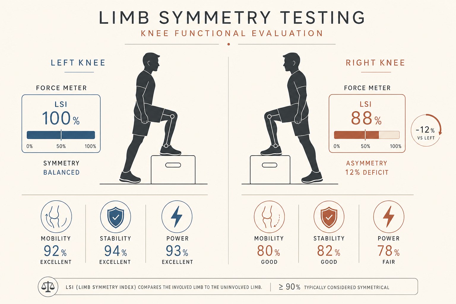 Editorial infographic showing limb symmetry testing at the knee during a step-up movement, with a left knee scoring 100% on a blue force meter with excellent mobility, stability, and power scores, contrasted against a right knee scoring 88% on a terracotta force meter with a 12% deficit and reduced power &mdash; illustrating how the Limb Symmetry Index quantifies asymmetric loading between the involved and uninvolved side