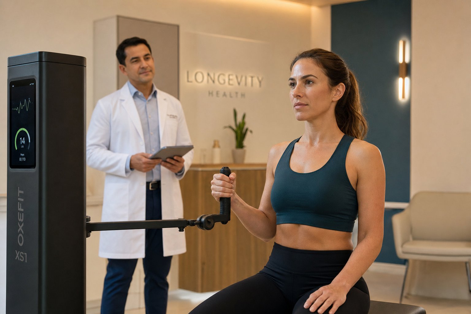A patient performs a seated shoulder external rotation on a cable handle connected to a sleek matte black OxeFit smart resistance machine, elbow at side, in a warm minimalist longevity clinic assessment suite with a physician observing form in soft focus