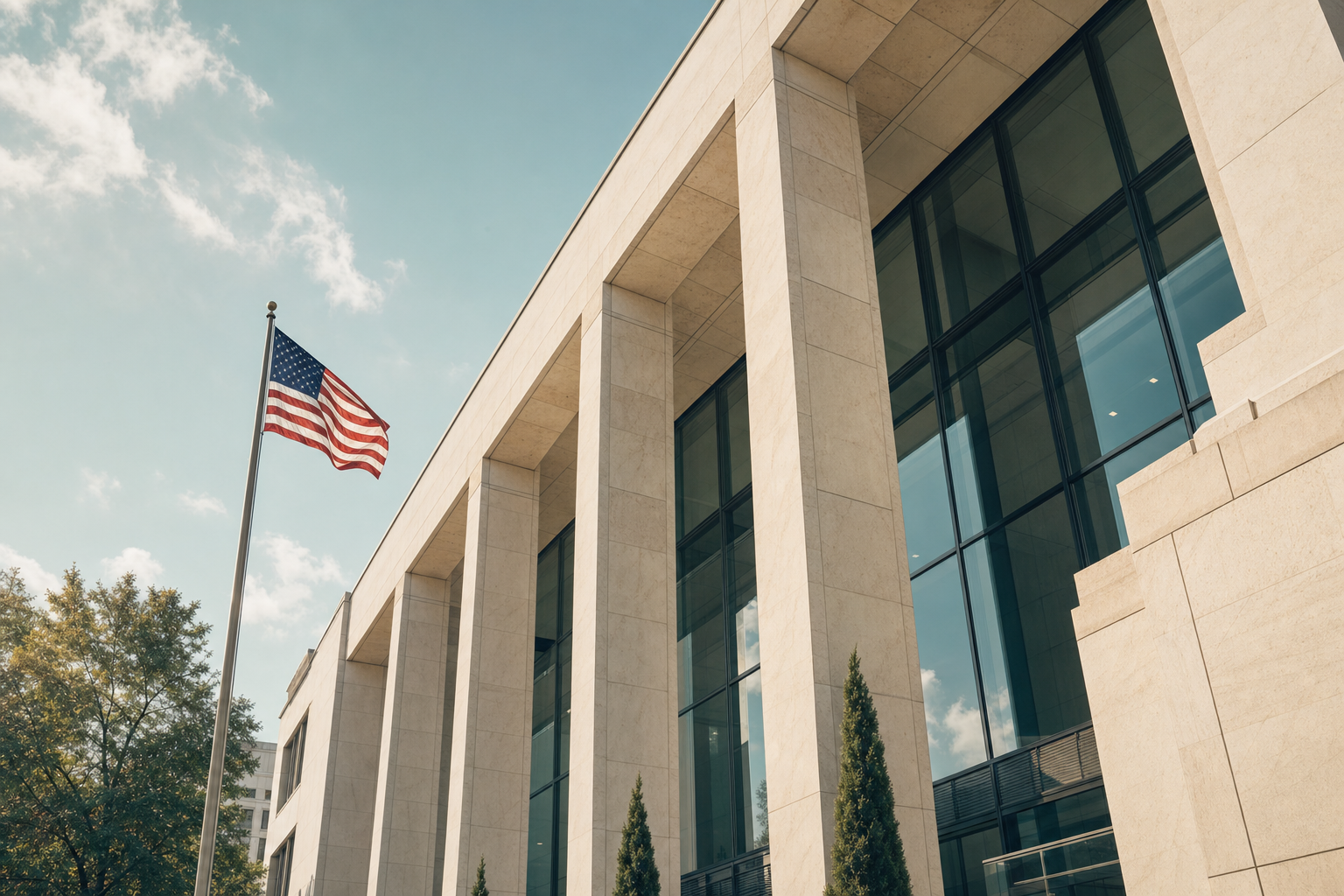 A modern federal government building on a bright day, low-angle view showing a large limestone facade with floor-to-ceiling glass and a flying American flag, evoking civic and regulatory authority