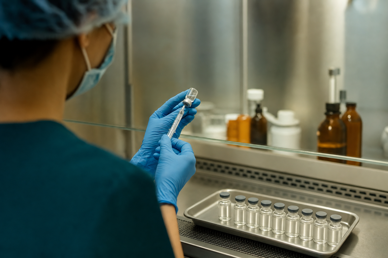 Over-the-shoulder view of a pharmacist in scrubs and blue nitrile gloves working at a stainless-steel laminar flow hood, drawing solution into a syringe from a small glass vial, with a neat row of clear glass vials on a metal tray in the foreground of a modern compounding pharmacy laboratory