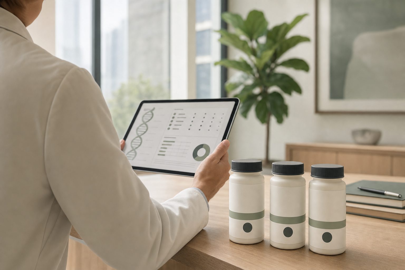 Clinician reviewing a pharmacogenomic report on a tablet with three matching prescription bottles — individualized prescribing at Pravida Health